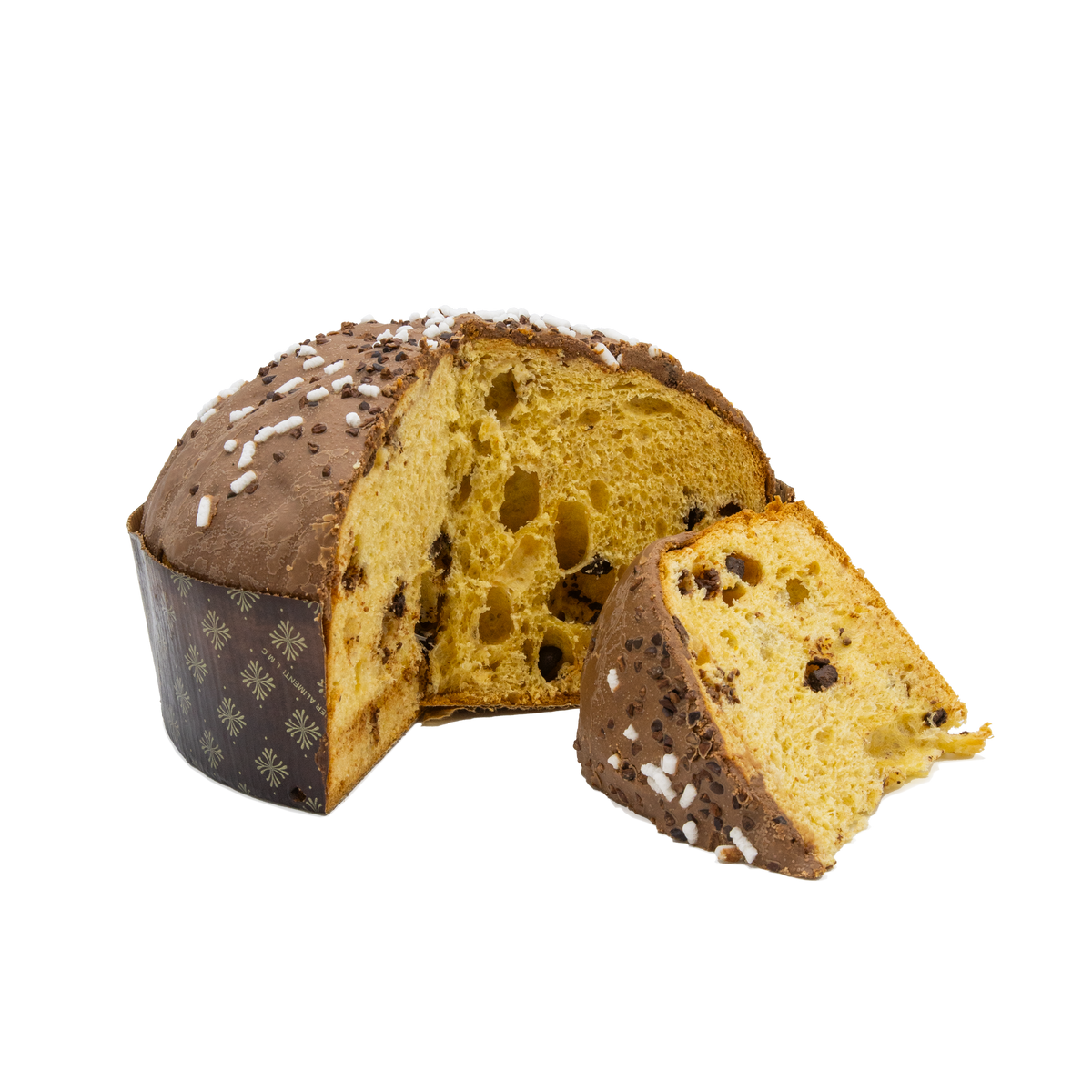 Panettone ai tre cioccolati di Nonna Silvi tagliato, con il baule